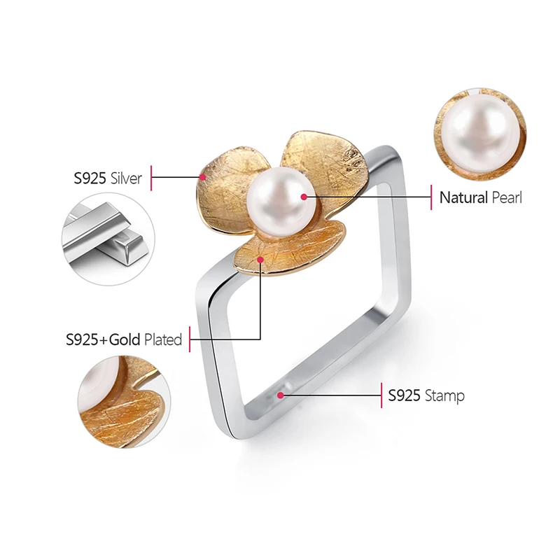 Lotus Fun Реальные Стерлингового Серебра 925 Природных Перл Handmade Fine Jewelry Square Ring Свежий