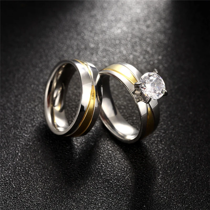 New 2pcs/set Crystal Couple Ring for Women and Men Gold-color Stainless Steel Engagement Ring Wedding Jewelry