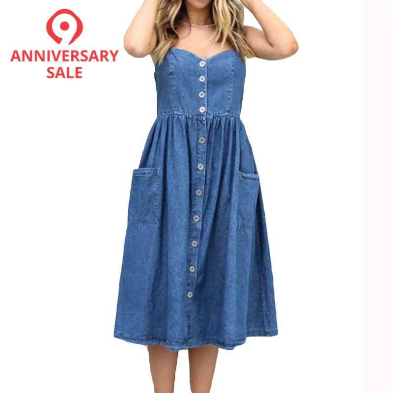 

WAQIA 2019 Summer Dress Women's Sleeveless Denim Dress Long Maxi Boho Solid Button Beach Dresses Party Dress Sundress Vestidos
