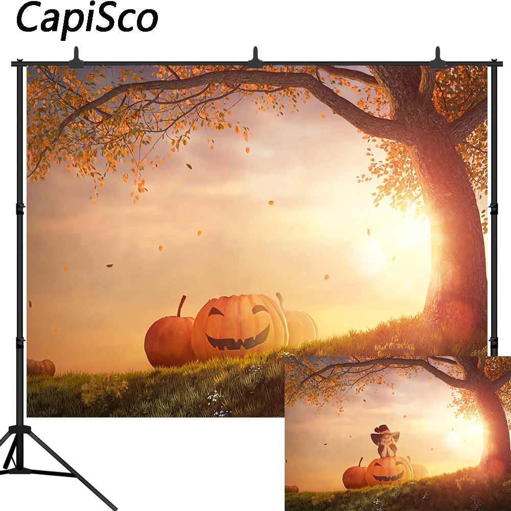 

Capisco Halloween Pumpkin Autumn tree Fallen leaves Photography Backgrounds child party Photographic Backdrop for Photo Studio