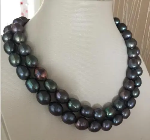 

2 rows 11-12mm tahitian black green baroque pearl necklace 18""925s