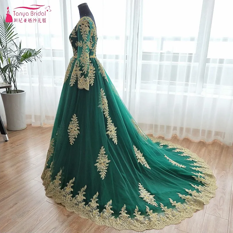 V Neck Long Sleeve Green Wedding Dress ...