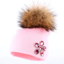 boy girl baby new design winter hats fuchsia crystal floral cotton skullies children cute beanies large mink pompom gorros hat