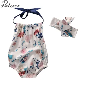 

2018 Brand New Newborn Toddler Infant Baby Girl Floral Romper with Headband Straped Sleeveless Sunsuit Casual Jumpsuit 0-18M