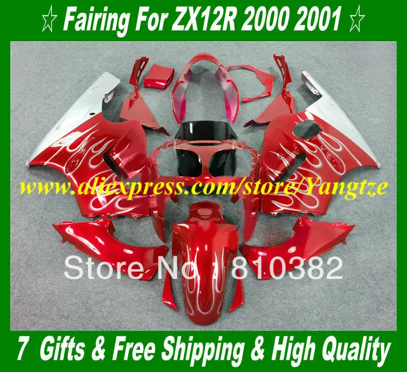 

Injection mold Fairing kits for KAWASAKI Ninja ZX12R 00 01 ZX 12R 2000 2001 ZX-12R white flames red Fairings set+gifts HJ19