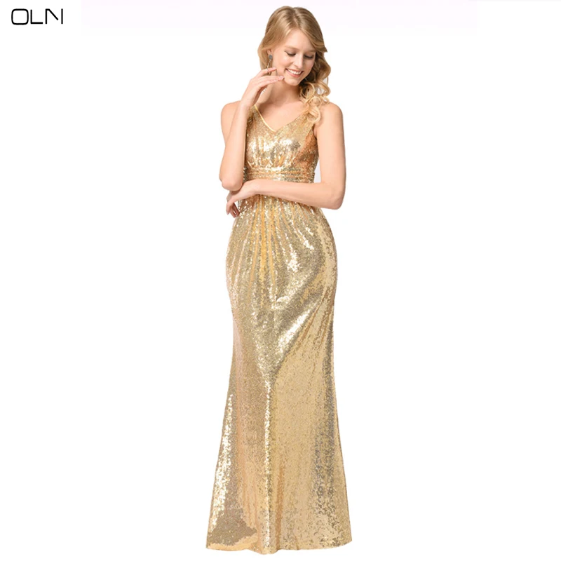 OLN Evening Party Dress Plus Large Size Sexy Woman Gold Sequin Long Gorgeous Dress Autumn Winter ...