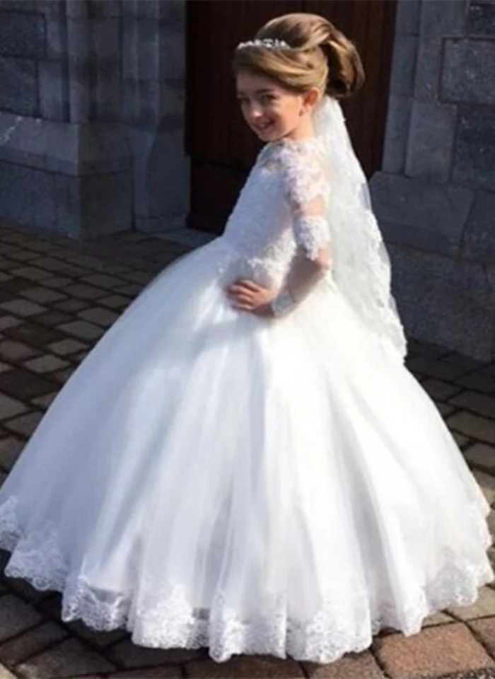 Свадебное платье с длинными рукавами и высокой горловиной для маленьких детей, элегантное платье с цветочной аппликацией для девочек