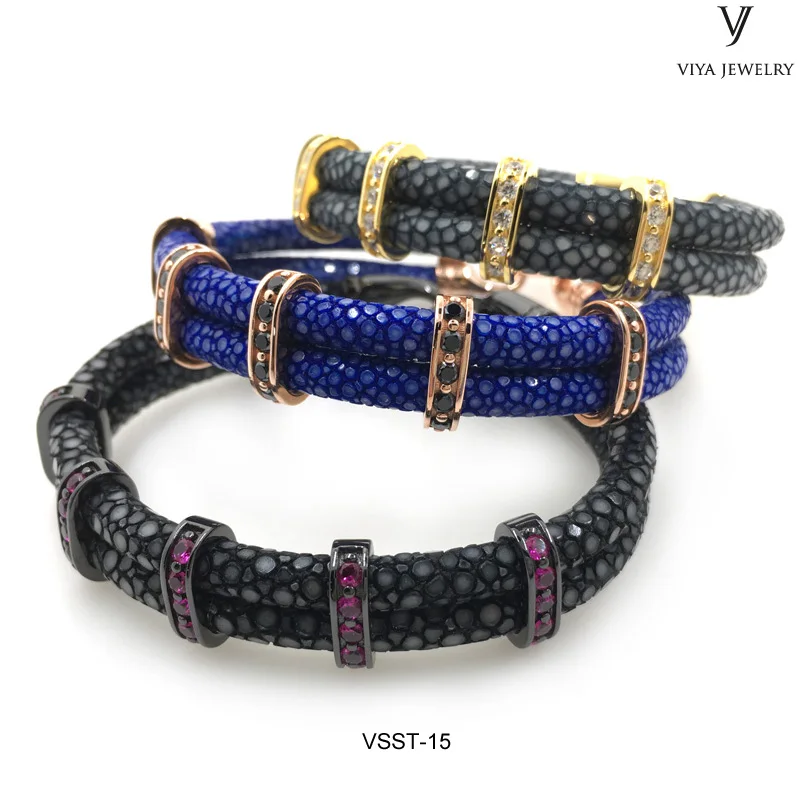 VSST-15 GENUINE BLUE STINGRAY LEATHER CORD WITH ROSE GOLD CLASPS ,MEN SILVER BRACELET (13)