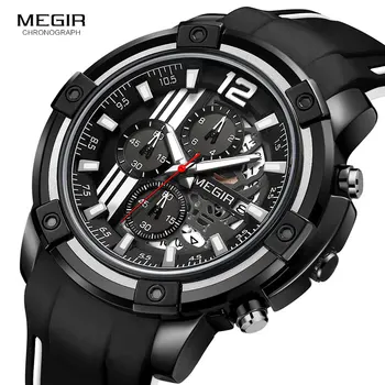 

Megir Men's Sports Quartz Watches Silicone Strap Army Chronograph 3atm Waterproof Wristwatch for Man Clock Relogios 2097 Black