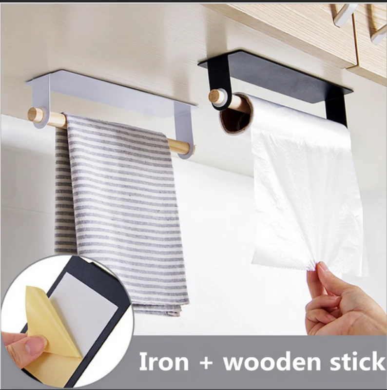 

Metal wall hanging Holder wood towel Shelf toilet paper organizer rag Holder plastic wrap film Storage Racks kitchen accessorie