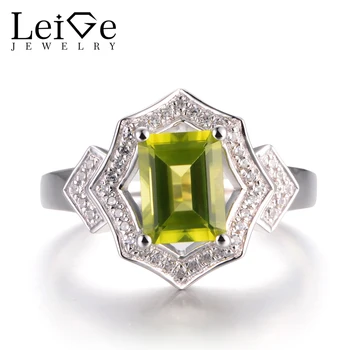 

LeiGe Jewelry Anniversary Rings Natural Peridot Rings August Birthstone Emerald Cut Green Gems Ring Real 925 Sterling Silver