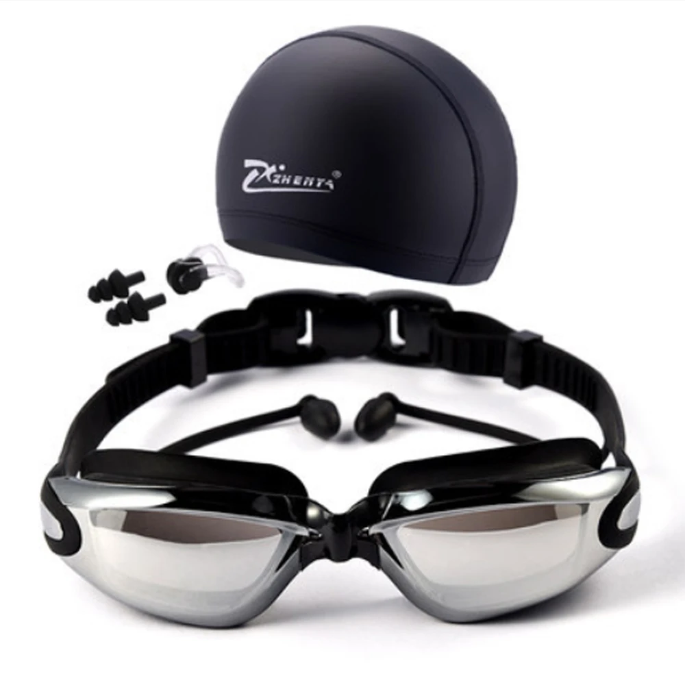 Плавательные очки Комплект из 3 предметов мужские профессиональной близорукости плавательные очки зажим для носа беруши для плавания ПУ шапки Водонепроницаемый Анти-туман УФ Очки для плавания маски