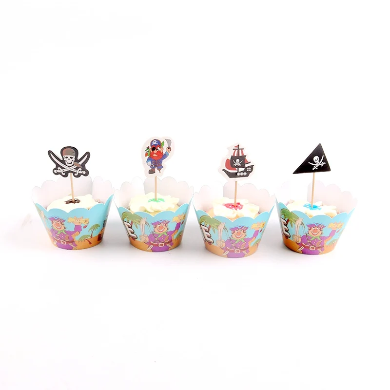24pcs/lot Treasure pirate ship Cupcake Wrappers Toppers Kids Party Birthday Decoration Cake Cups(12 wraps+12 topper