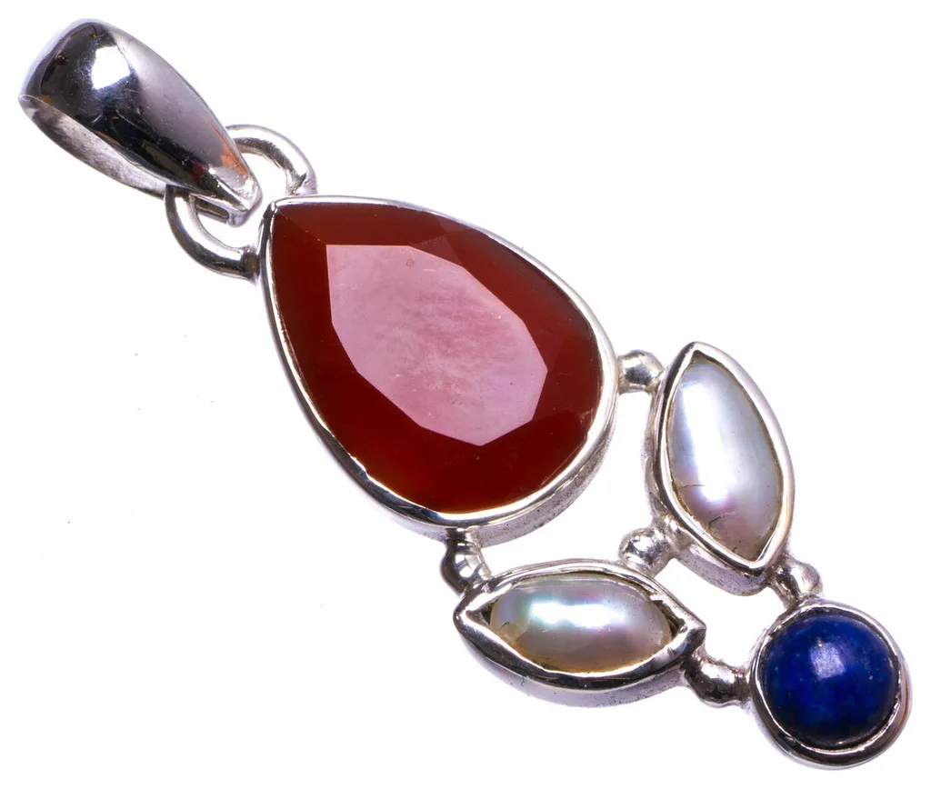 

Natural Carnelian,River Pearl and Lapis Lazuli Handmade Unique 925 Sterling Silver Pendant 1.5" X1549