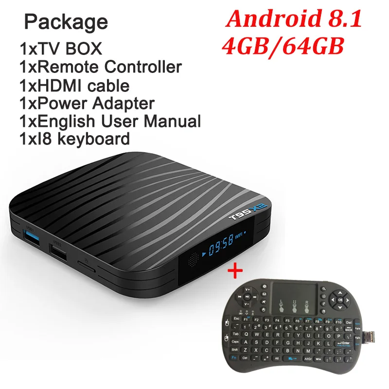 T95X2 Smart tv BOX Android 8,1 4 ГБ 32 ГБ 64 Гб четырехъядерный процессор Amlogic S905X2 H.265 4K USB3.0 5G wifi дополнительный медиаплеер телеприставка - Цвет: 4G 64G With I8