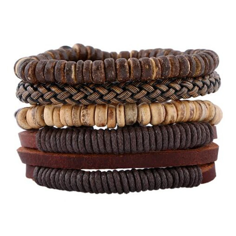 

ZOSHI Fashion 4pcs 1 Set Punk Genuine Wrap Leather Bracelets Men For Women Charm Wood Beads Bracelets Cuff Jewelry Accessories