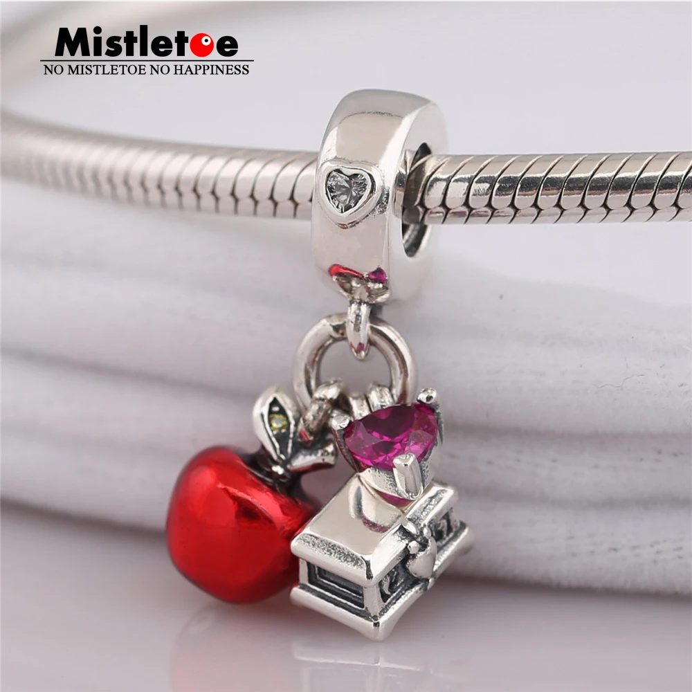 

Mistletoe 925 Sterling Silver Snow White's Apple & Heart Dangle Charm, Red & Green CZ & Red Enamel Fit European Bracelet Jewelry