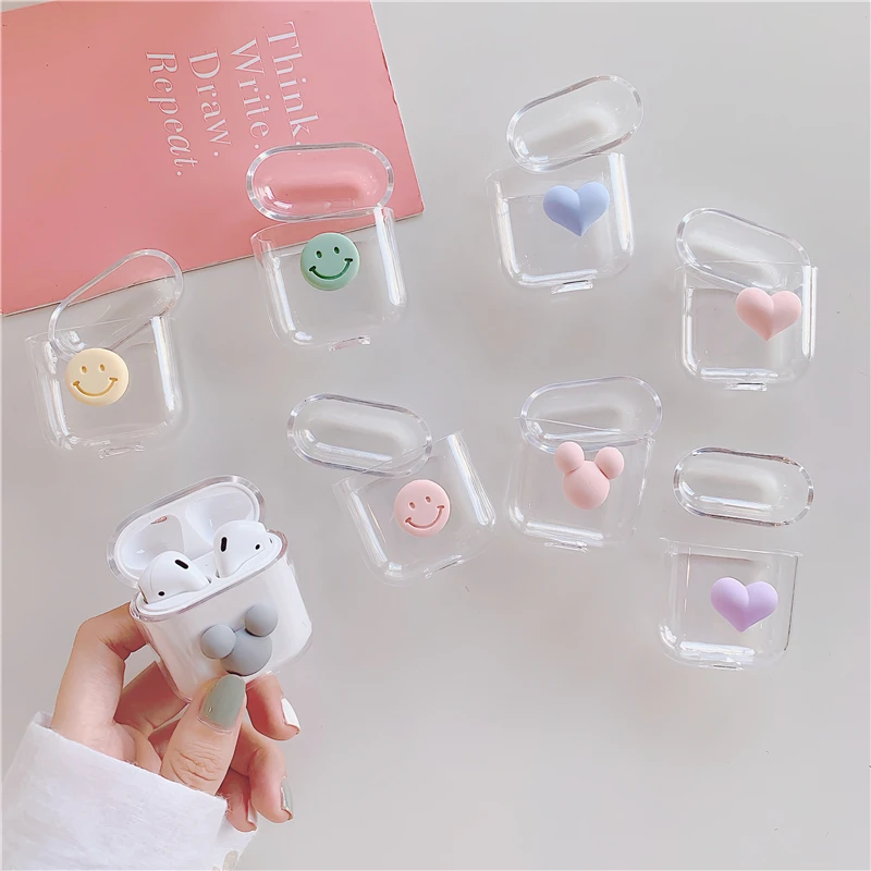 3D Cute Cartoon Airpod Case Cover Smile Heart Clear Hard PC Earphone Protective Cases Airpods 2 Case Transparent Airpods 1 Coque