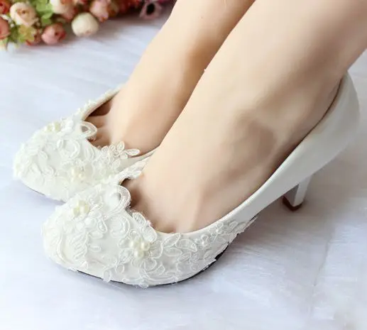 Ivory Lace Pearls Wedding Shoes Women Plus Sizes Custom Handmade