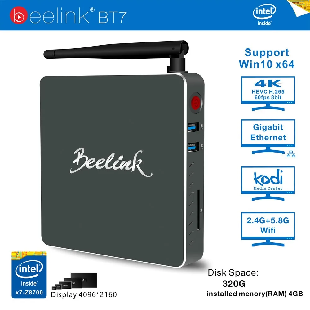 Beelink BT7 Mini PC Intel Atom X7-Z8700 Quad-core TV BOX Windows 10 64bit Bluetooth 4.0 2.4G/5.8G WiFi 4K Media Player 64GB