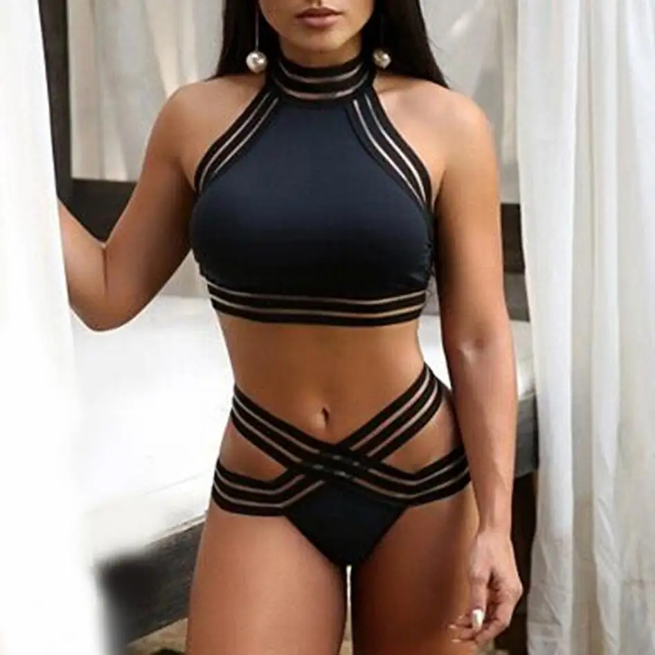 Sexy High Neck High Waist Women Solid Color Bikini Set Hollow Out Swimsuit Strapless Off-shoulder Bathing Beachwear Two PCS Sexy High Neck High Waist Women Solid Color Bikini Set Hollow Out Swimsuit Strapless Off-shoulder Bathing Beachwear Two PCS