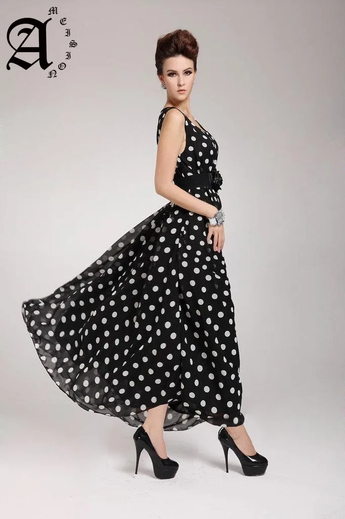 

Ameision Summer Women Dress Casual Long Sexy Sleeveless black and white Polka Dot Elegant Maxi Chiffon Vest Dresses