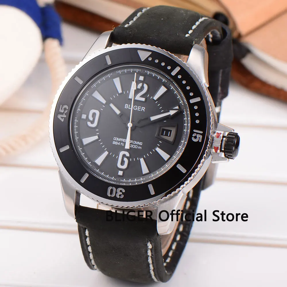

BLIGER 43MM Black Dial Rotating Bezel Luminous Marks Men's Watch Mechanical MIYOTA Automatic Movement Pin Clasp Wrist Watch Men