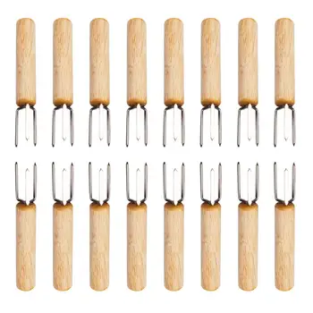 

16PCS/Set Stainless Steel Portable Barbecue Holders Fork Corn Beef Sausage Fruit Fork Anti-scalding Barbecue Handle Wood Fork J2