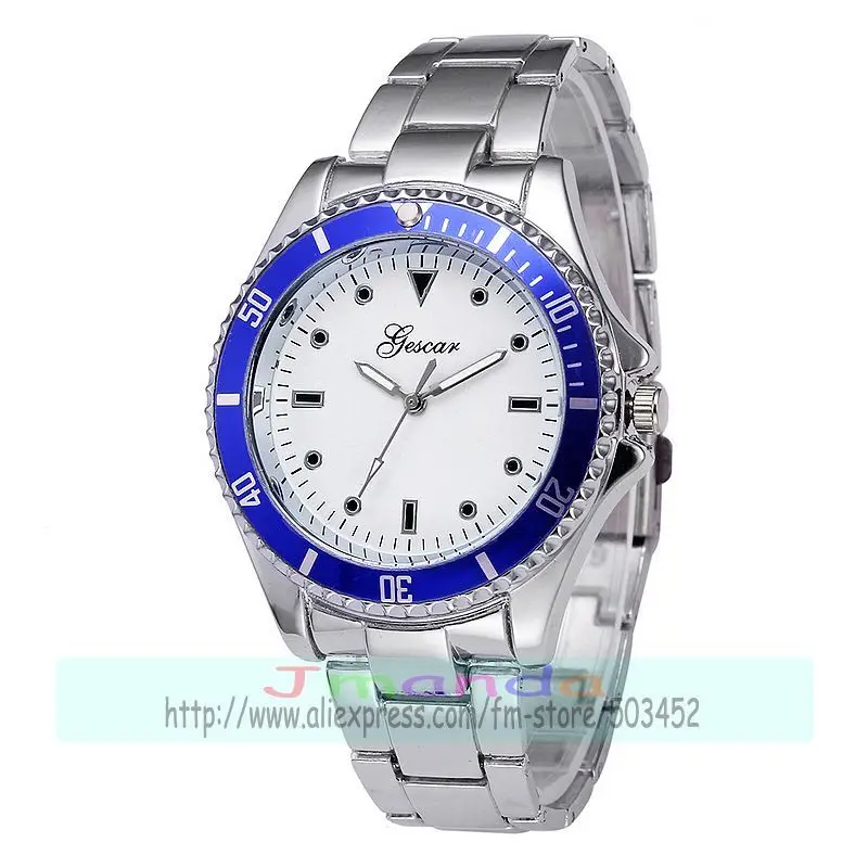 100 шт./лот gescar-6733 цветной циферблат серебряный ремешок Мужские Стальные кварцевые часы повседневные деловые наручные часы для мужчин оптом
