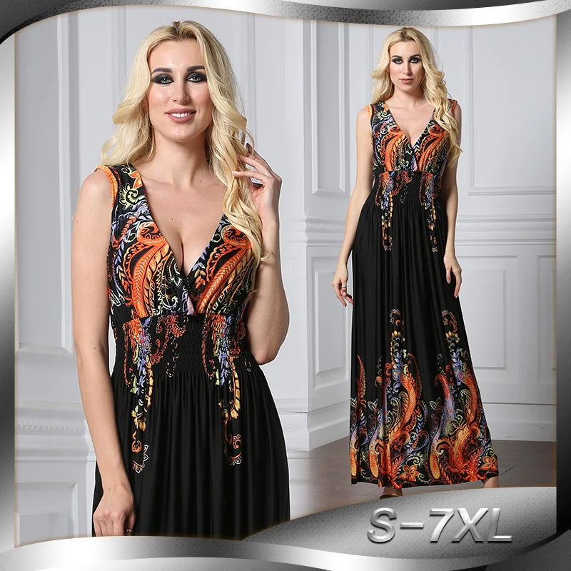 

5xl 6xl plus size beach Bohemian dress 2019 summer large size long maxi dress large size print v-neck sexy women dress big size