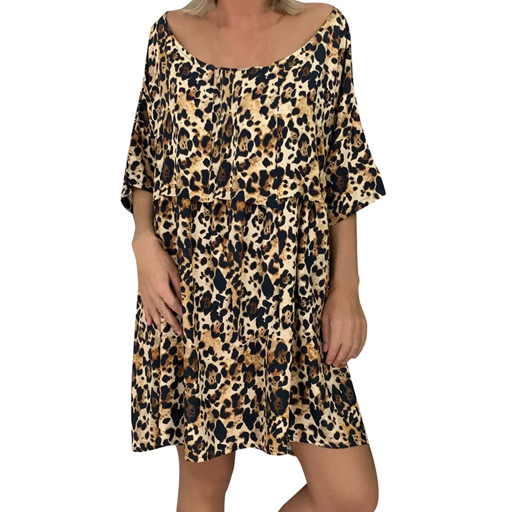 Свободное женское летнее пляжное платье с леопардовым принтом, мини Клубное платье с коротким рукавом размера плюс, женское платье