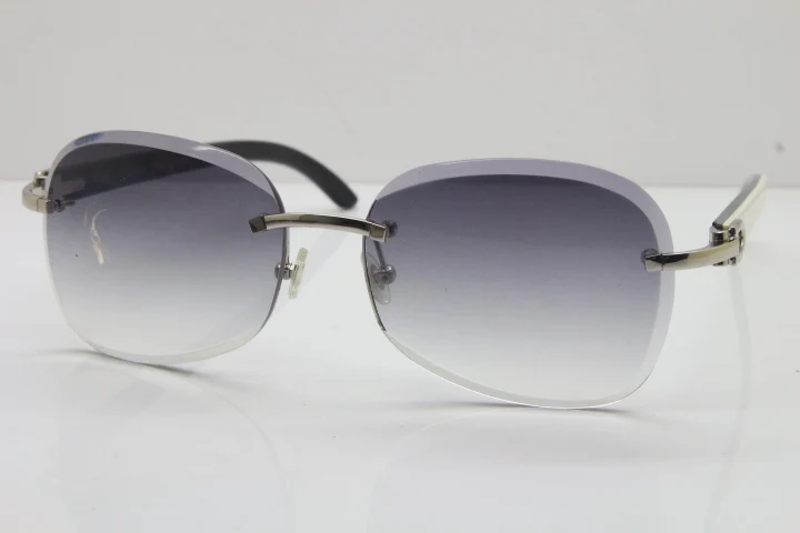 2018 New Cartier Rimless  T8200847 White Mix Black Buffalo Horn Sunglasses in Silver Gray Lens (1)