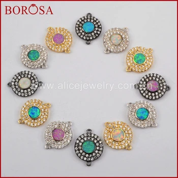 

BOROSA Gold/Silver/Black Color CZ Spacer Pave Cubic Zirconia Round Manmade Opal Double Charms Connectors Jewelry Making WX555