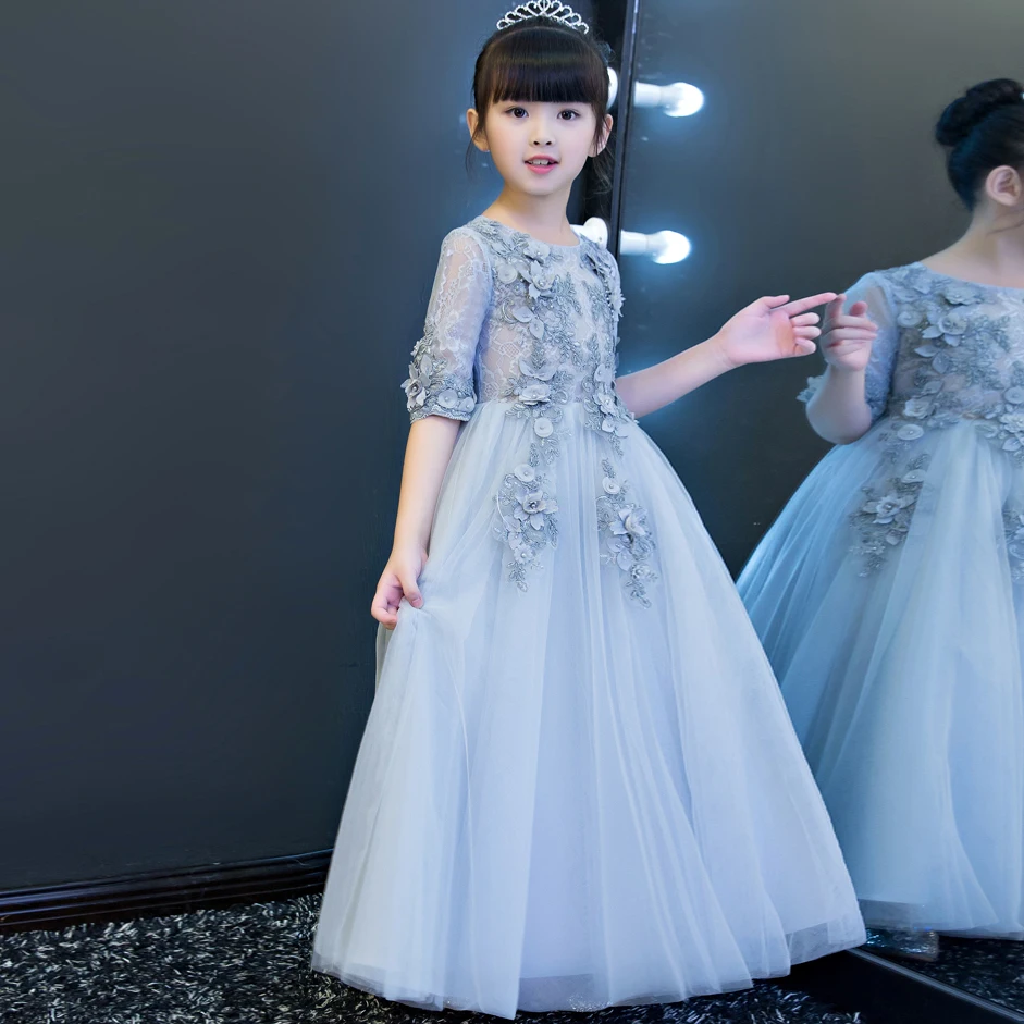 

New Children Girls Luxury Popular Flowers Princess Lace Birthday Wedding Long Dress Kids Costume Pageant Tutu Ball Gown Dress