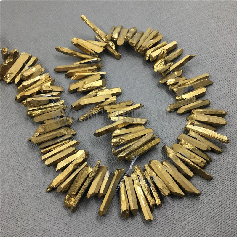 MY0785 Natural Crystal Quartz Titanium Stick Beads,Gold Coated Spike Point Beads,Raw Quartz Top Drilled Beads (2)