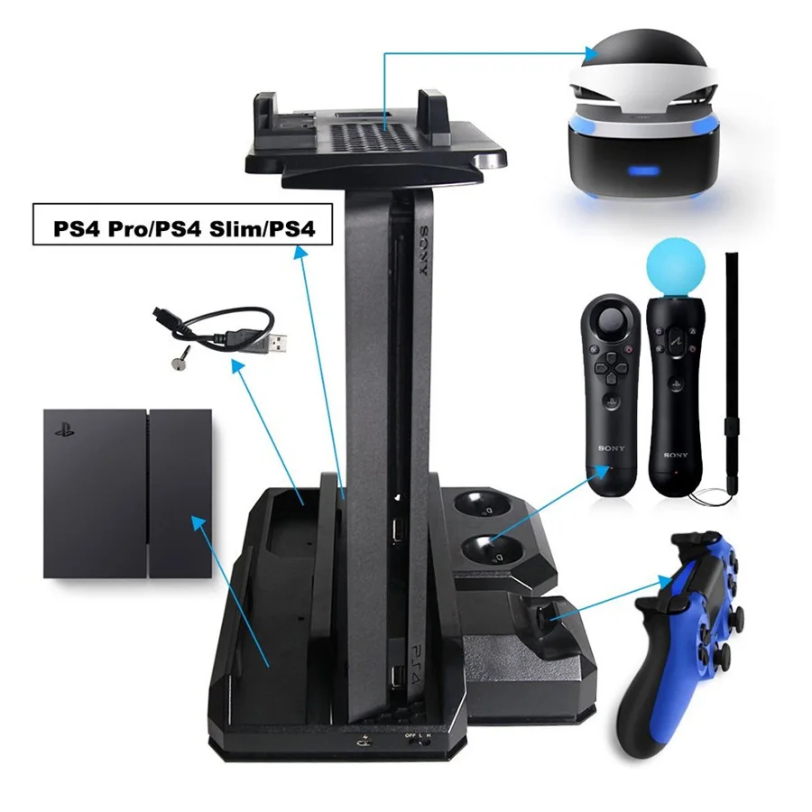 Для PS4 Pro и PS4 тонкий и PS4 Многофункциональный вертикальный стенд охлаждения, PS Move & PS4 контроллер Зарядное устройство станции и PS VR витрина St