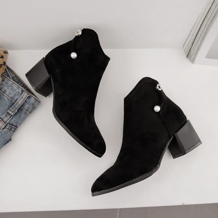 

Big Size 9 10 17 boots women shoes ankle boots for women ladies boots Solid colour rhinestone pointed ankle boots