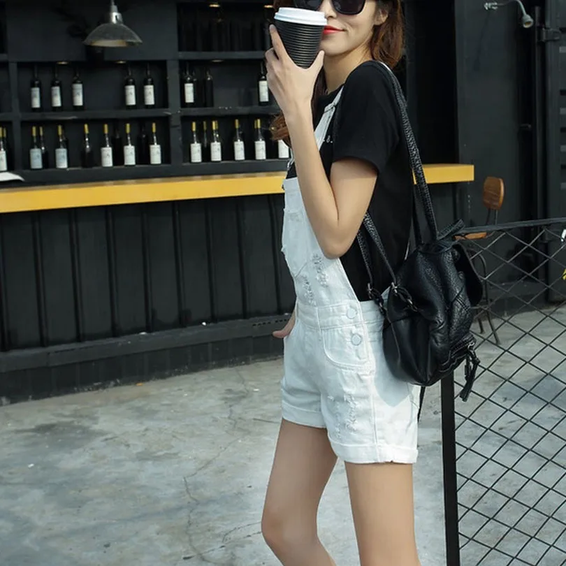 College Wind Summer Denim Bodysuit Shorts Slim Thin Straps Loose Plus Size Jumpsuit Casual Vintage White Black Pink Overalls