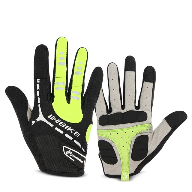 INBIKE перчатки для велоспорта с сенсорным экраном велосипедные спортивные противоударные перчатки для мужчин и женщин MTB дорожный велосипедный ветрозащитный полный палец перчатки для телефона - Цвет: Зеленый
