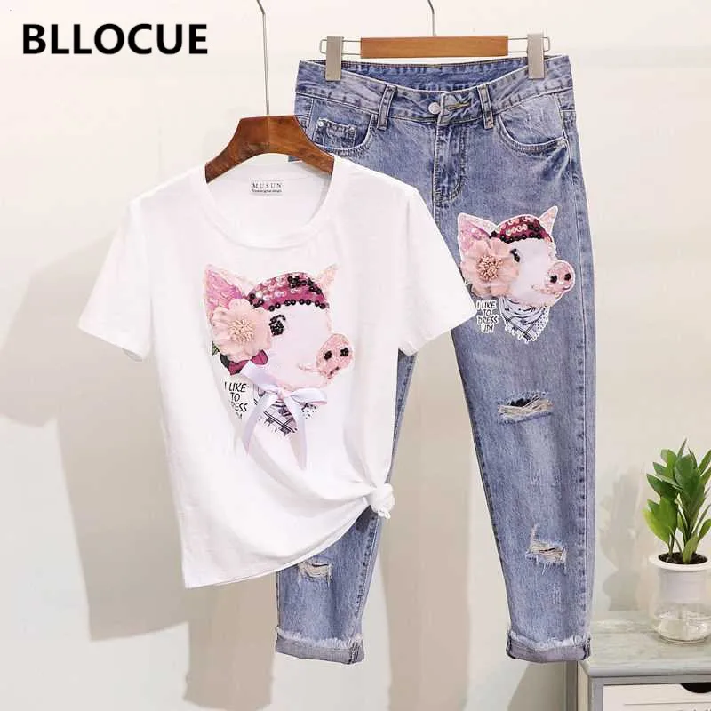 

BLLOCUE High Quality New 2019 Spring And Summer Women Cartoon Pig Short-sleeved T-shirt + Hole Ripped Jeans Ankle-Length Pants T