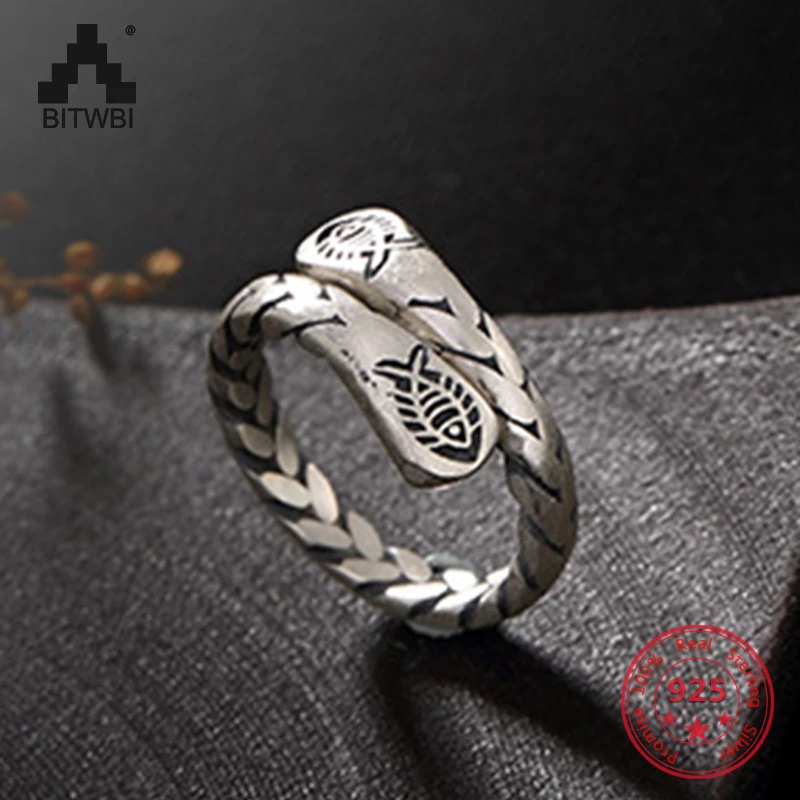 

925 Pure Sliver Personality Korean Style Fish Ring for Men and Women Couple Finger Ring Retro Thai Sliver Wild Animal Jewelry