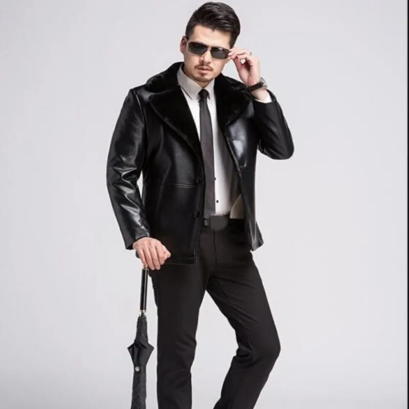 New Brand Men Jacket Leather New Style Fur collar Sheep Skin Slim Fit Winter Warm Genuine Leather Jacket Fur Lining Men Jacket