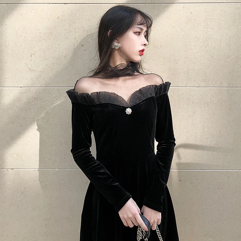 

2019 Vintage Autumn Dress Women Off Shoulder mesh Patchwork Black Velvet Dress Plus Size Elegant Sexy Party Dress vestidos robe