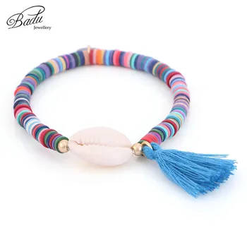 

Badu White Shell Elastic Bracelet Bohemian Colorful Polymer Clay Beaded Bracelets for Women Holiday Jewelry Seashell Beach