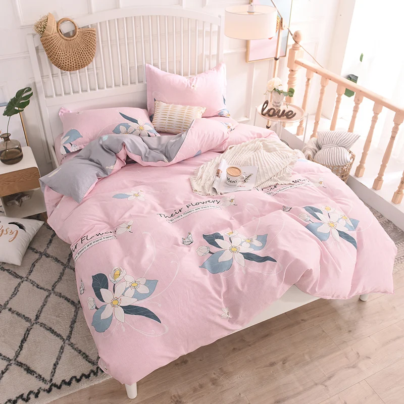 

Simple And Natural Hot Soft Home Textile Finished Cotton Pink Floral Print Quilt Cover Sheet And Pillowcase Home Four-Piece