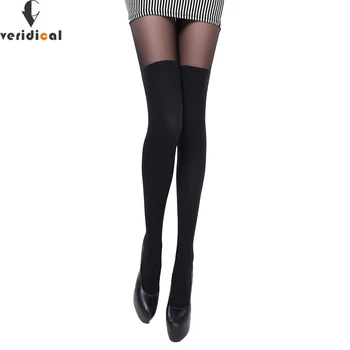 

VERIDICAL Sexy Women Tights Over Knee Double Stripe Sheer Black Temptation Sheer Mock Suspender Patchwork Pantyhose Tights
