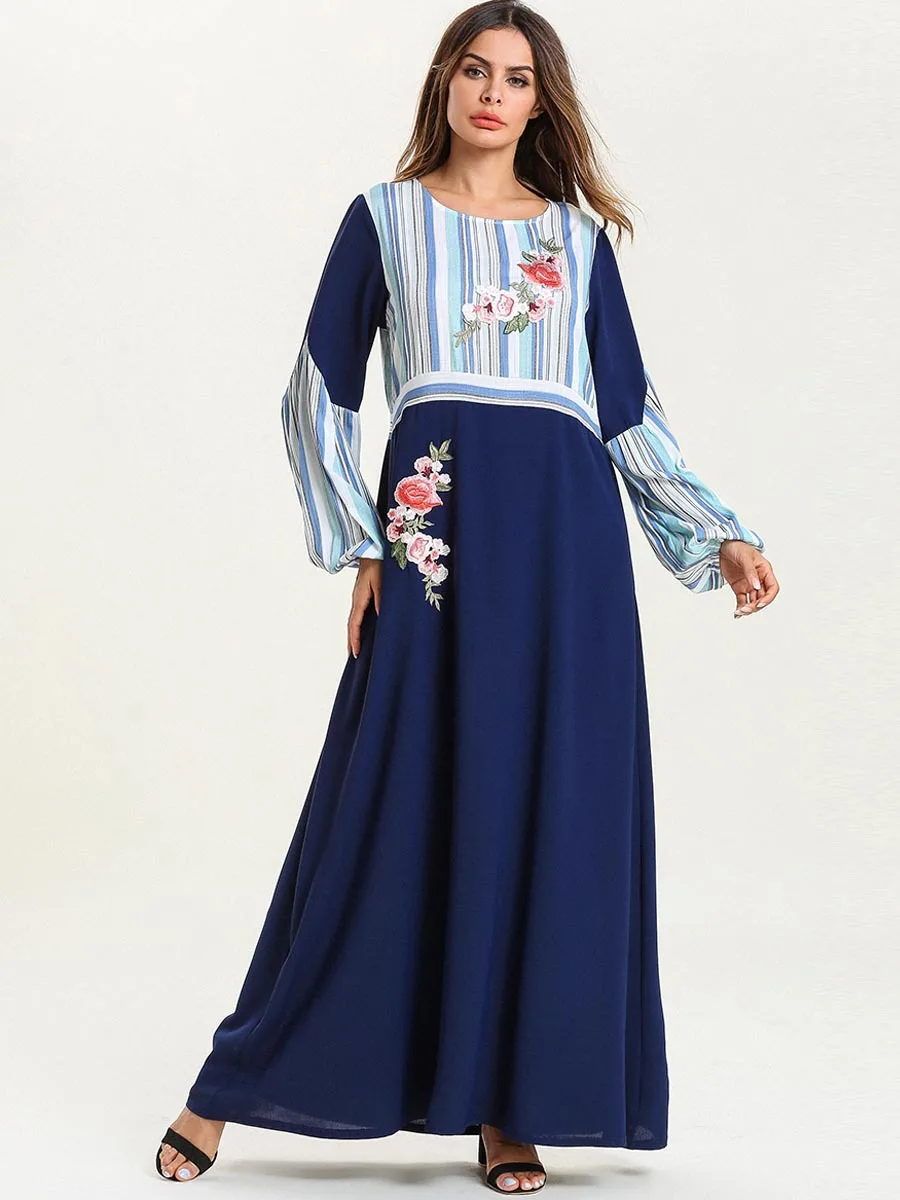 Длинная женская одежда abaya больших размеров 4XL с цветочным принтом голубое платье