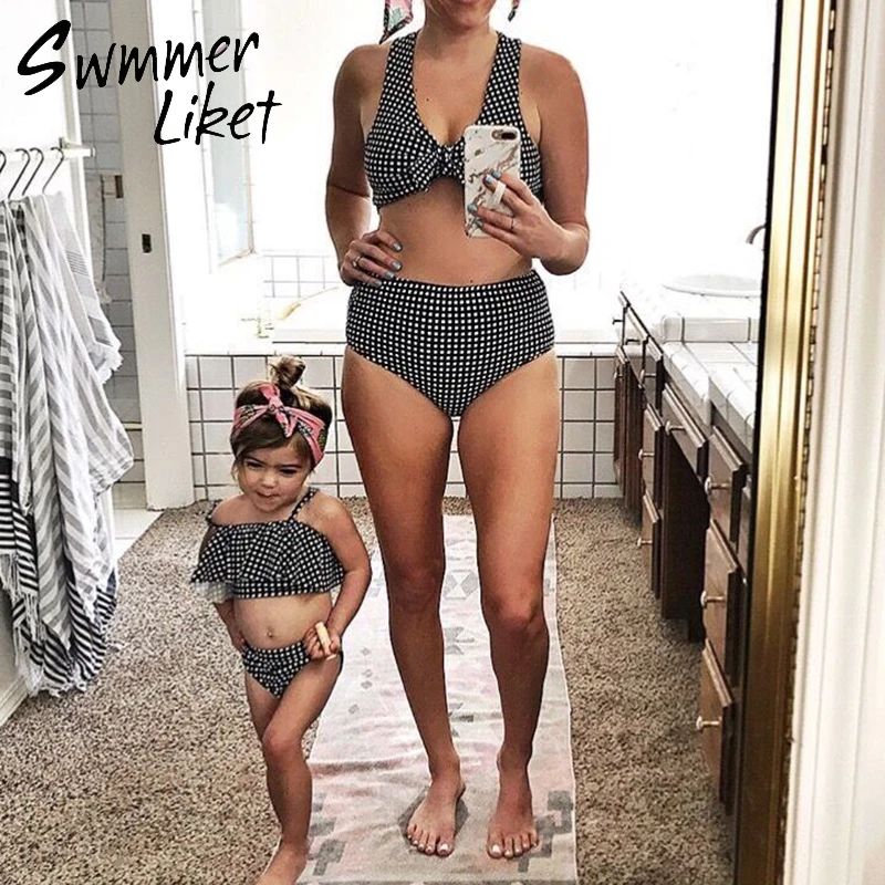 Sexy negro a cuadros bikinis 2019 mujer Push up swimsuit mujer juego familia traje de baño mujeres Sexy padres-niños biquini Bañadores XL AliExpress