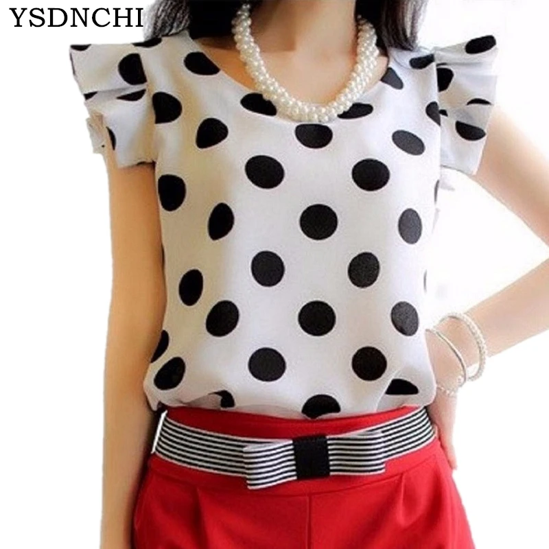 

YSDNCHI 2018 New Arrival Women Tops Casual O-Neck Elegant Sleeveless Blouses Spring Summer Chiffon Polka Dots Shirt