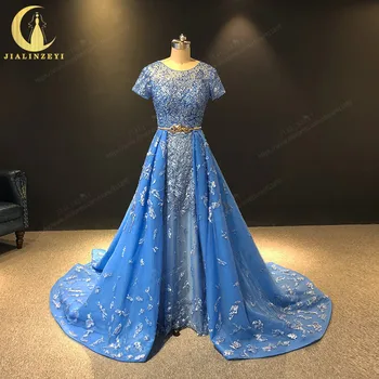 شراءJIALINZEYI صورة حقيقية فاخرة من قطعتين حورية البحر من داخل الدانتيل الأزرق مزينة بالخرز فساتين رسمية للسهرة 2019